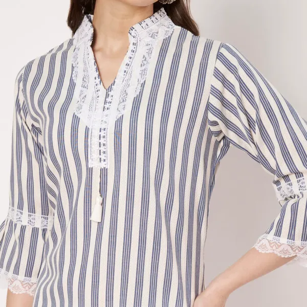 White_And_Blue_Striped_Cotton_And_Polyester_Straight_Fit_Lace_Detail_Kurta_For_Women