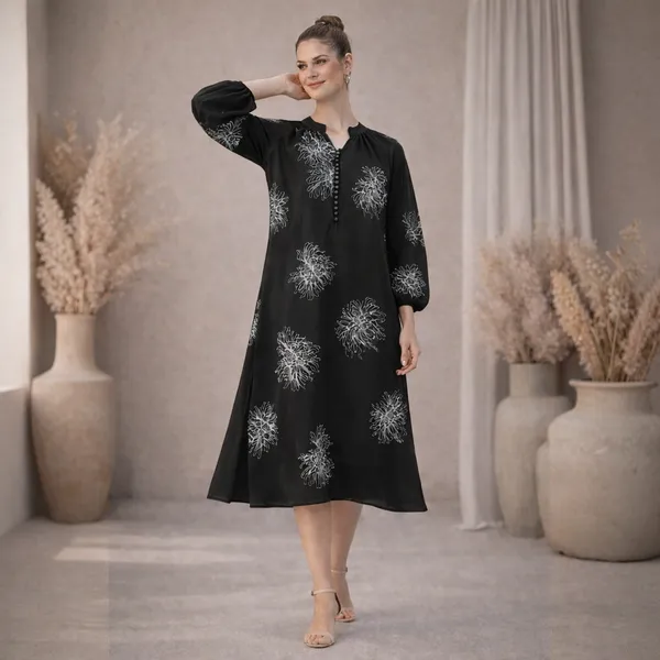Black_Polyester_Embroidered_Balloon_Sleeve_Maternity_Dress_For_Women