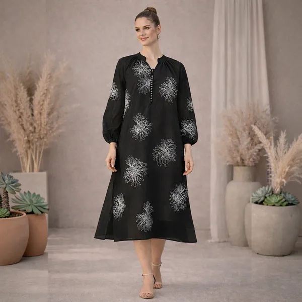 Black_Polyester_Embroidered_Balloon_Sleeve_Maternity_Dress_For_Women