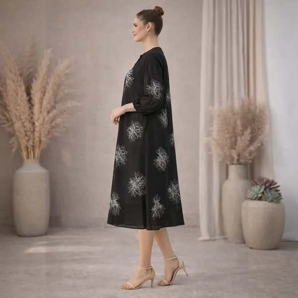 Black_Polyester_Embroidered_Balloon_Sleeve_Maternity_Dress_For_Women