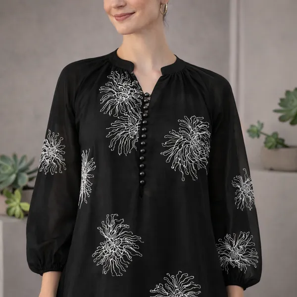 Black_Polyester_Embroidered_Balloon_Sleeve_Maternity_Dress_For_Women