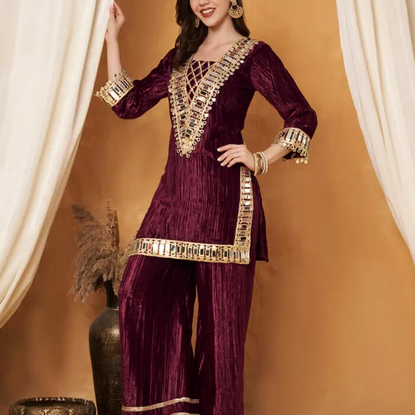 Maroon_Polyester_Velvet_Embellished_Co-Ord_Set_For_Women