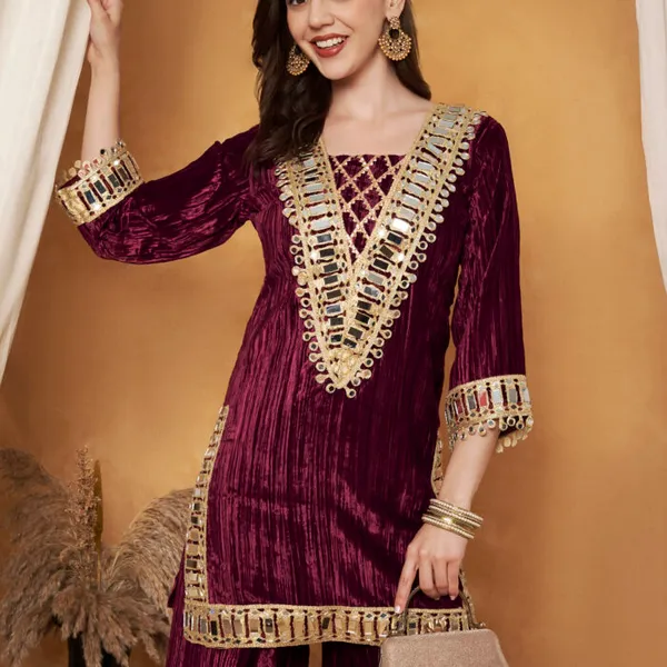 Maroon_Polyester_Velvet_Embellished_Co-Ord_Set_For_Women