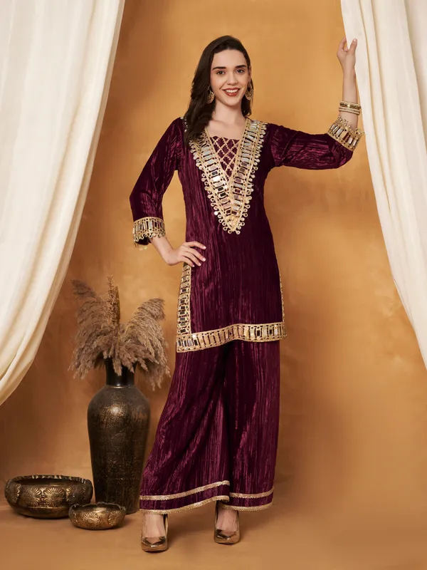 Maroon_Polyester_Velvet_Embellished_Co-Ord_Set_For_Women