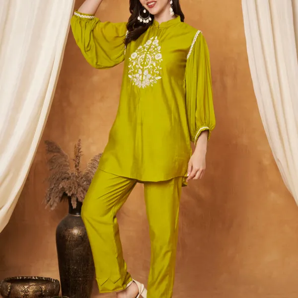 Lime_Green_Cotton_And_Polyester_Balloon_Sleeve_Embroidered_Co-Ord_Set_For_Women