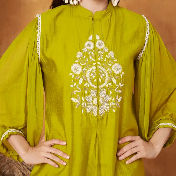 Lime_Green_Cotton_And_Polyester_Balloon_Sleeve_Embroidered_Co-Ord_Set_For_Women