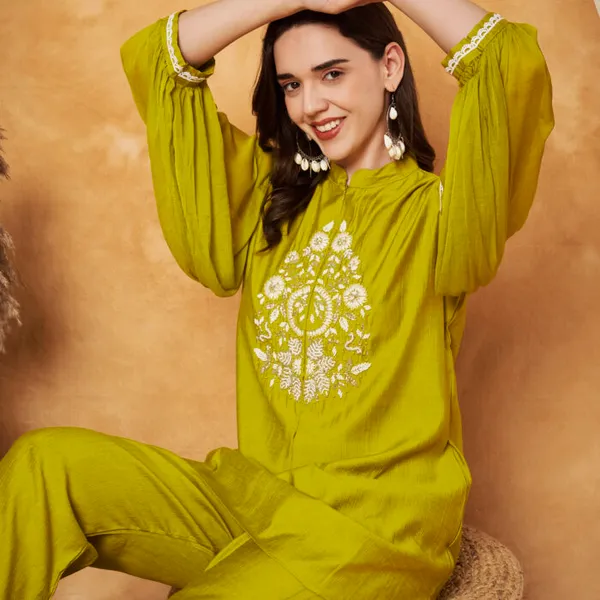 Lime_Green_Cotton_And_Polyester_Balloon_Sleeve_Embroidered_Co-Ord_Set_For_Women