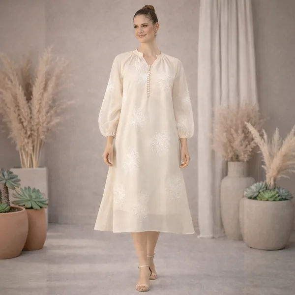 Cream_Polyester_Embroidered_Balloon_Sleeve_Maternity_Dress_For_Women