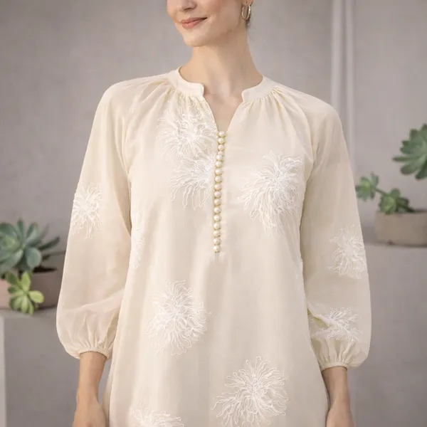 Cream_Polyester_Embroidered_Balloon_Sleeve_Maternity_Dress_For_Women