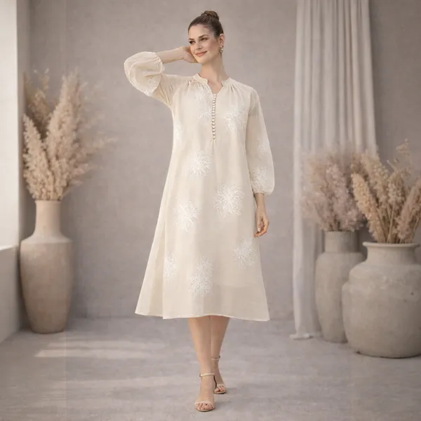 Cream_Polyester_Embroidered_Balloon_Sleeve_Maternity_Dress_For_Women