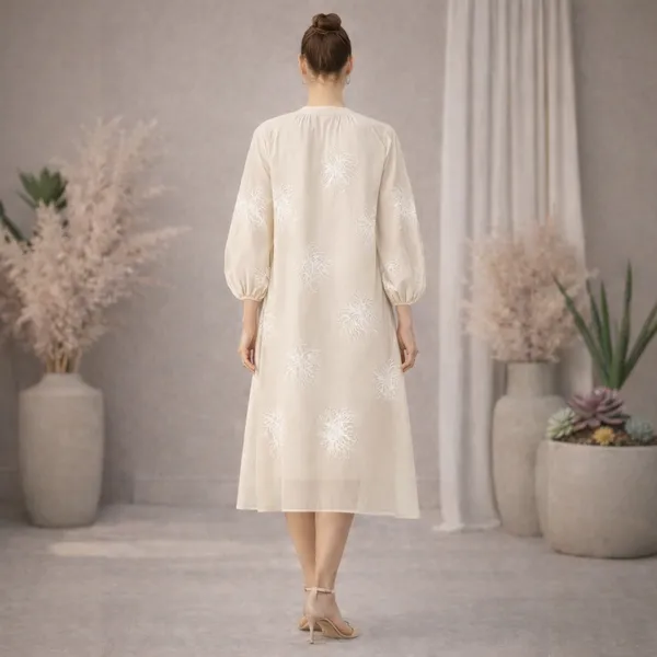 Cream_Polyester_Embroidered_Balloon_Sleeve_Maternity_Dress_For_Women