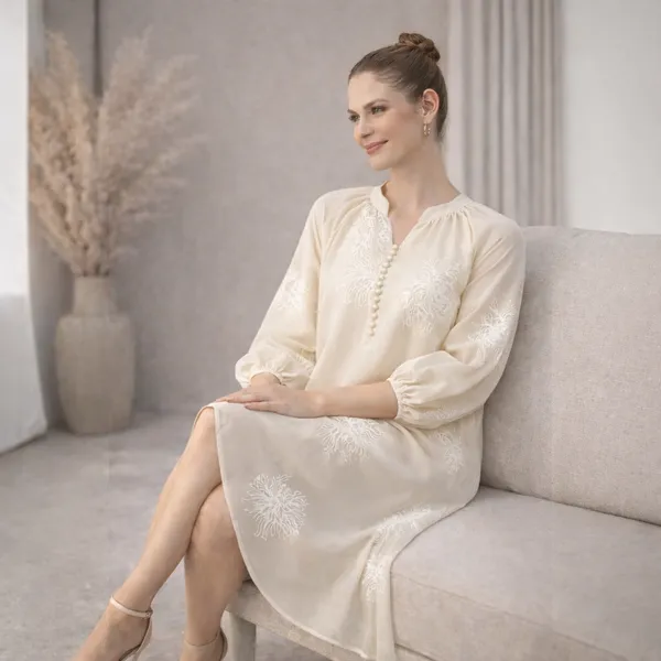 Cream_Polyester_Embroidered_Balloon_Sleeve_Maternity_Dress_For_Women
