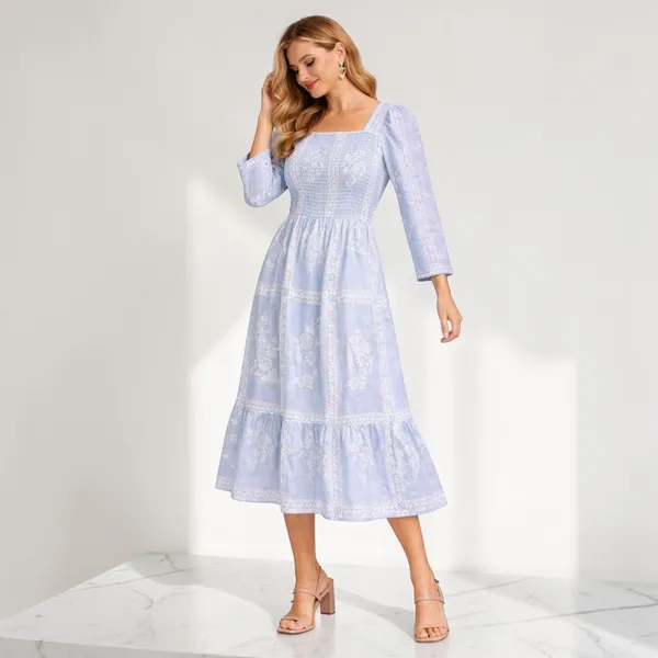 Sky_Blue_Polyester_Smocked_Square_Neck_Midi_Dress_For_Women