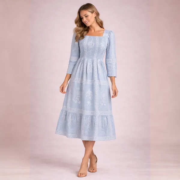 Sky_Blue_Polyester_Smocked_Square_Neck_Midi_Dress_For_Women