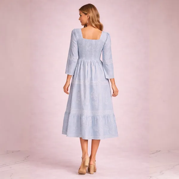 Sky_Blue_Polyester_Smocked_Square_Neck_Midi_Dress_For_Women