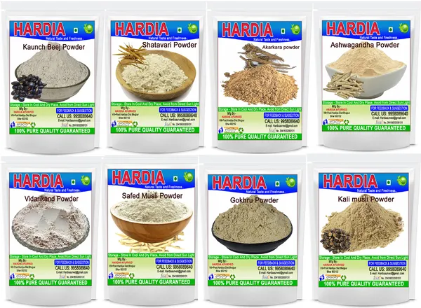 Pack_Of_8_Hardia_safed_musli_kali_musli_shatavari_kaunch_beej_ashwagandha_gokhru_vidharikand_akarkara_churna_powder_combo_pack_(800_gm)