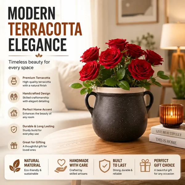 Terracotta_Decorative_Black_Dual_Handle_Flower_Vase
