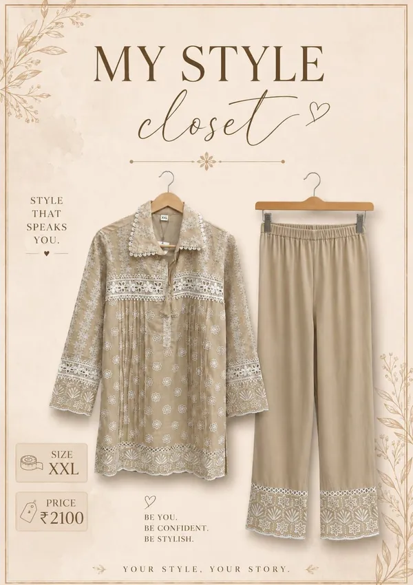 Beige_Embroidered_Tunic_And_Palazzo_Cord_Set_For_Women