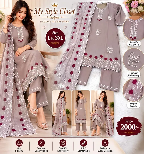 English_Grey_Embroidered_Suit_Set_With_Dupatta_For_Women
