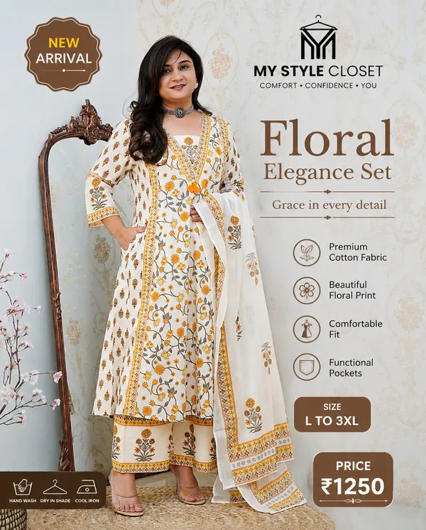 Off_White_Floral_Print_Cotton_Anarkali__Kurta_Set_For_Women