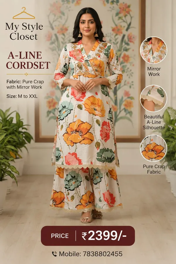 White_Floral_Print_Pure_Crape_A_Line_Cordset_For_Women
