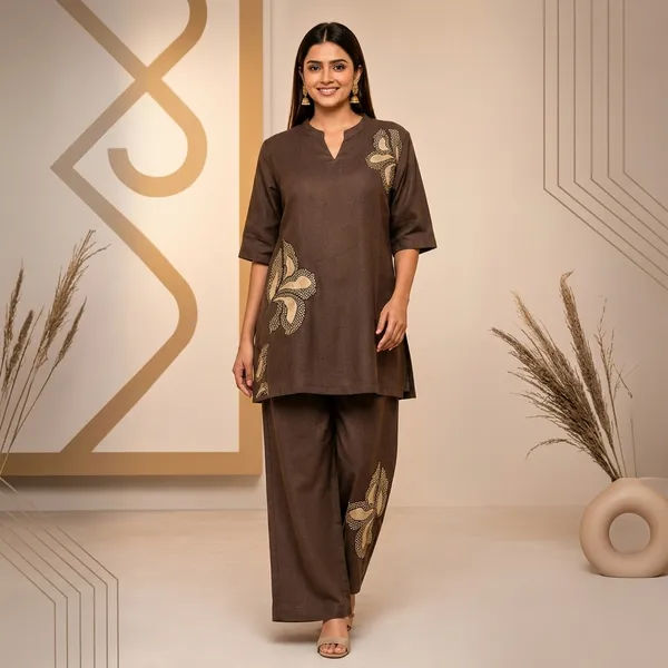 Brown_Linen_wth_Embroidered_cords_Set_For_Women