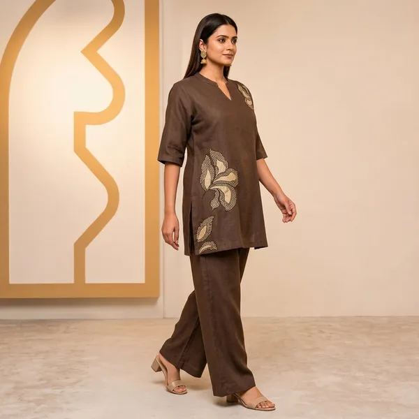Brown_Linen_wth_Embroidered_cords_Set_For_Women