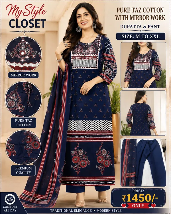 Navy_Blue_Pure_Taz_Cotton_Mirror_Work_Dupatta_Pant_Set_For_Women