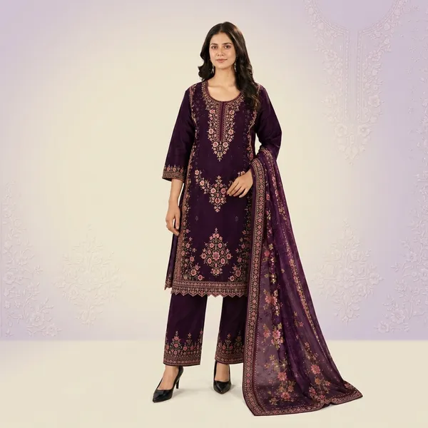 Wine_Colour_Cotton_with_Embroidery__Digital_Print_Duptta__For_Women