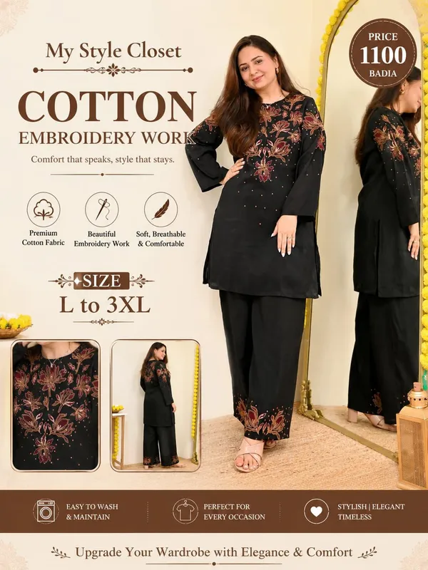 Black_Cotton_Embroidered_Kurta_Pant_Set_For_Women