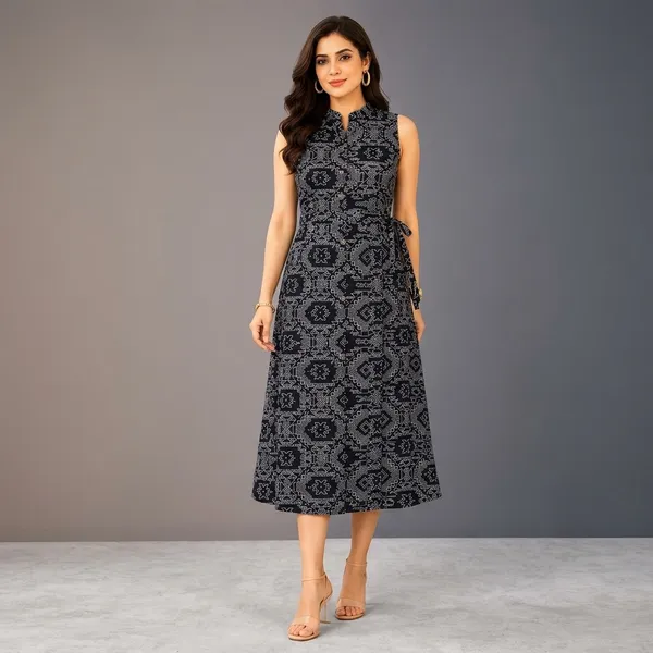 Black_Geometric_Print_Sleeveless_Midi_Dress_For_Women