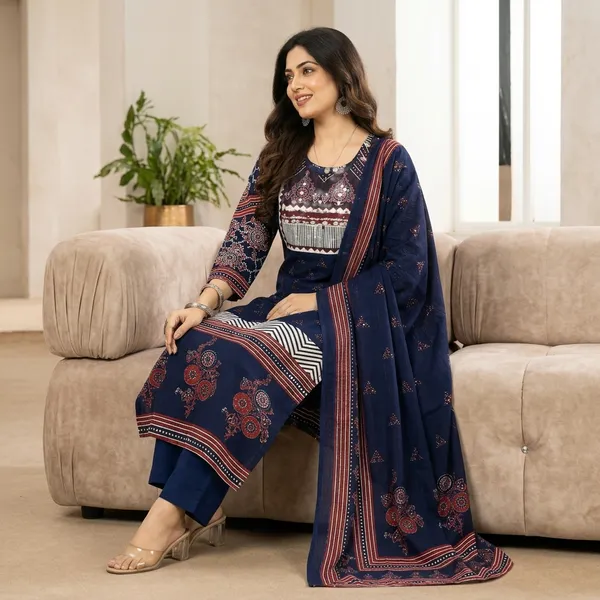 Navy_Blue_Pure_Taz_Cotton_Mirror_Work_Dupatta_Pant_Set_For_Women