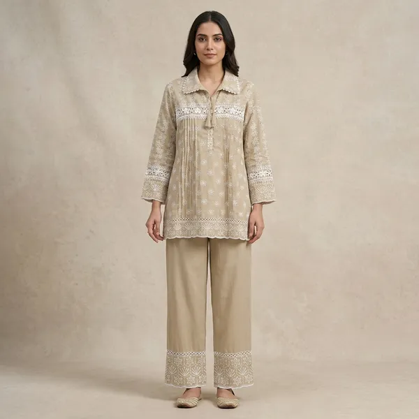 Beige_Embroidered_Tunic_And_Palazzo_Cord_Set_For_Women