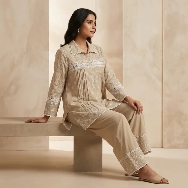 Beige_Embroidered_Tunic_And_Palazzo_Cord_Set_For_Women