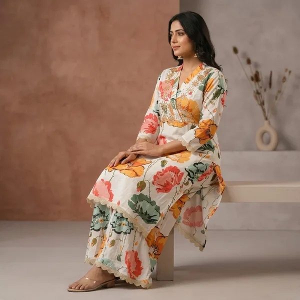 White_Floral_Print_Pure_Crape_A_Line_Cordset_For_Women