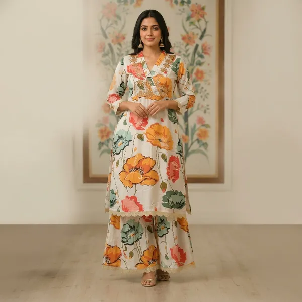 White_Floral_Print_Pure_Crape_A_Line_Cordset_For_Women