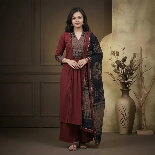 Maroon_Cotton_Embroidered_Ethnic_Kurta_Set_For_Women