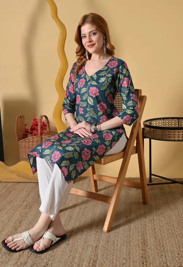 Dark_Green_Viscose_Rayon_Floral_Print_Straight_Kurta_For_Women