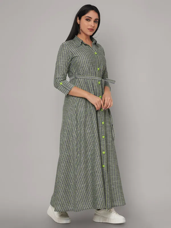 Green_Viscose_Rayon_Striped_Belted_Shirt_Dress_For_Women