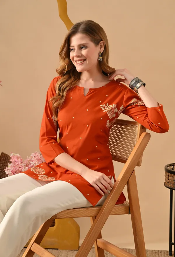 Orange_Viscose_Rayon_Embroidered_Straight_Top_For_Women