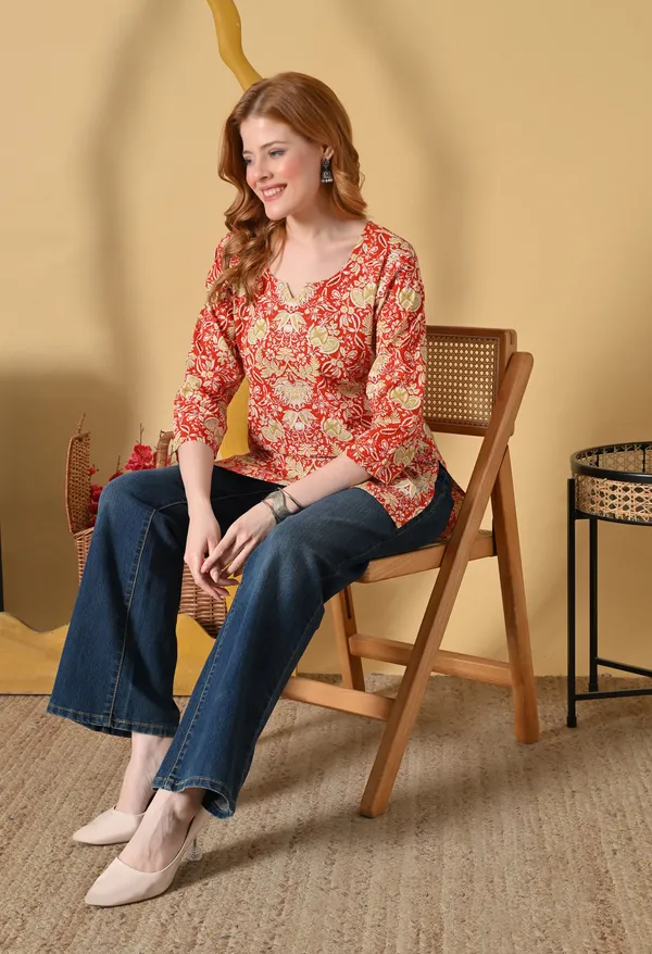 Red_Viscose_Rayon_Straight_Paisley_Floral_Print_Short_Kurta_For_Women