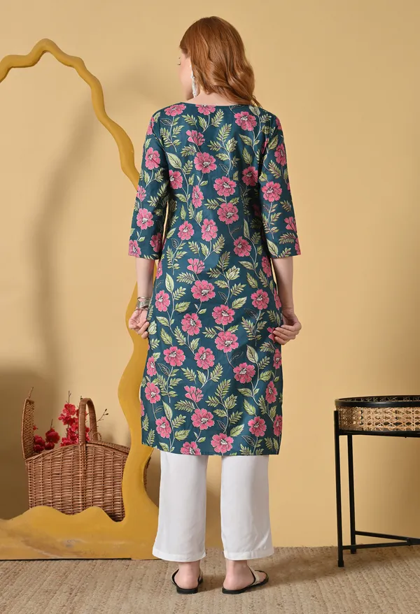 Dark_Green_Viscose_Rayon_Floral_Print_Straight_Kurta_For_Women