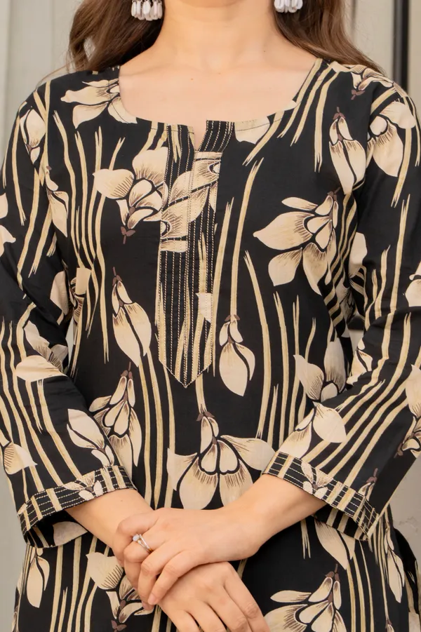 Black_Viscose_Rayon_Floral_Print_Kurta_Set_For_Women