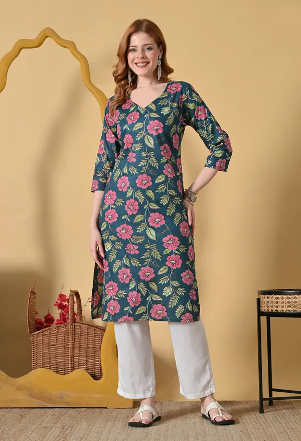 Dark_Green_Viscose_Rayon_Floral_Print_Straight_Kurta_For_Women