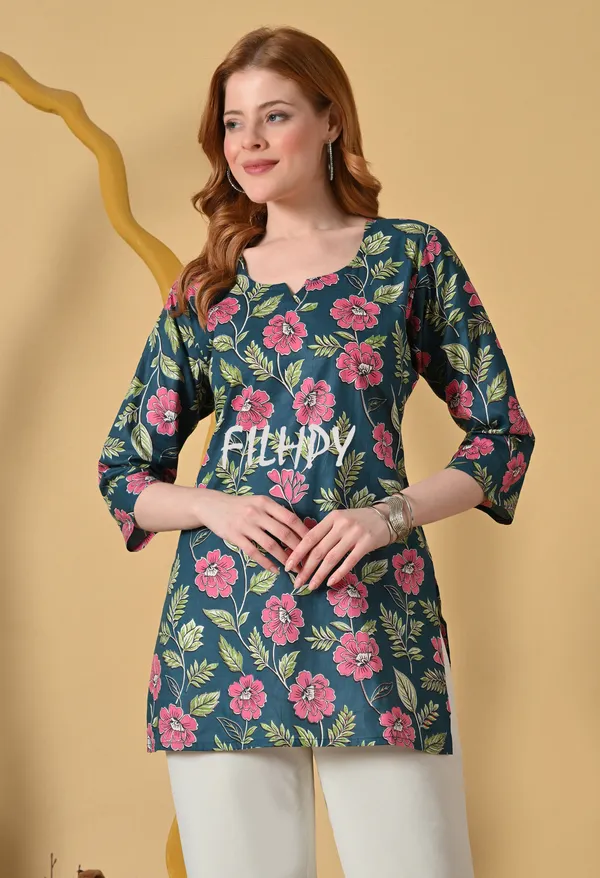 Dark_Green_Viscose_Rayon_Straight_Floral_Print_Short_Kurta_For_Women