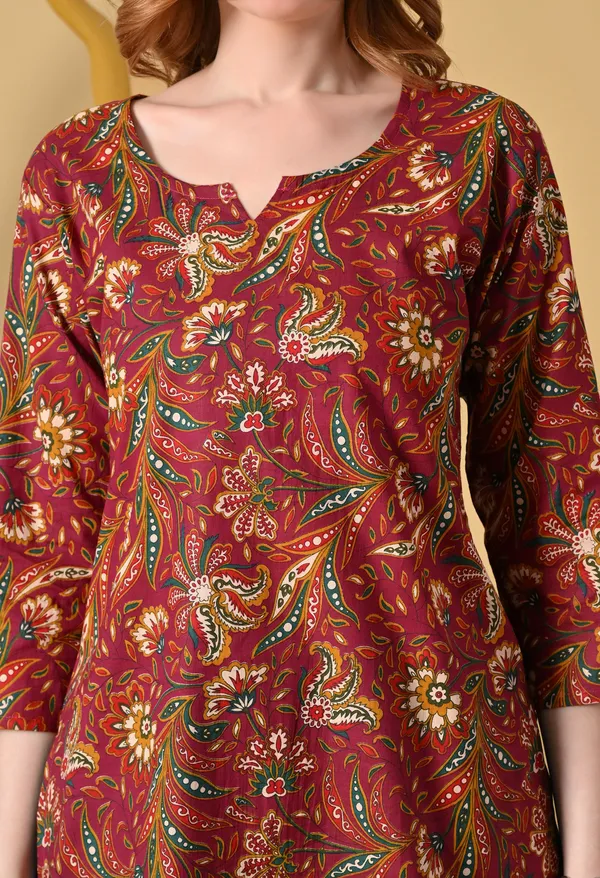 Maroon_Viscose_Rayon_Floral_Print_Straight_Short_Kurta_For_Women
