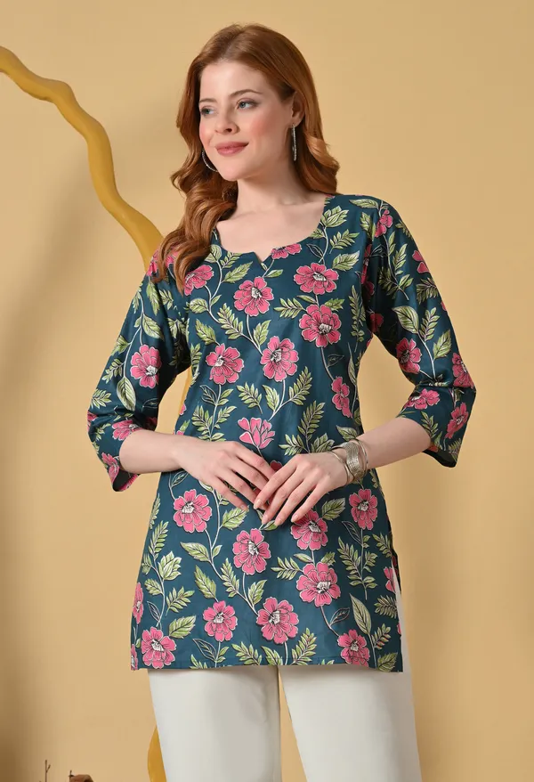 Dark_Green_Viscose_Rayon_Straight_Floral_Print_Short_Kurta_For_Women