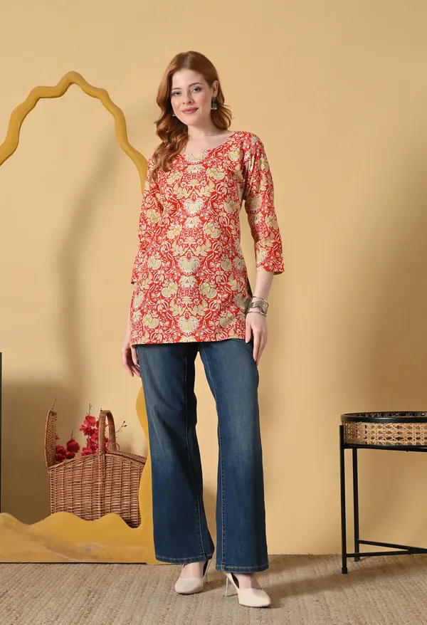 Red_Viscose_Rayon_Straight_Paisley_Floral_Print_Short_Kurta_For_Women