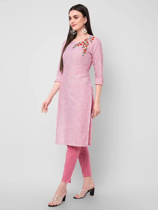 Pink_Viscose_Rayon_Striped_Straight_Kurta_Set_For_Women