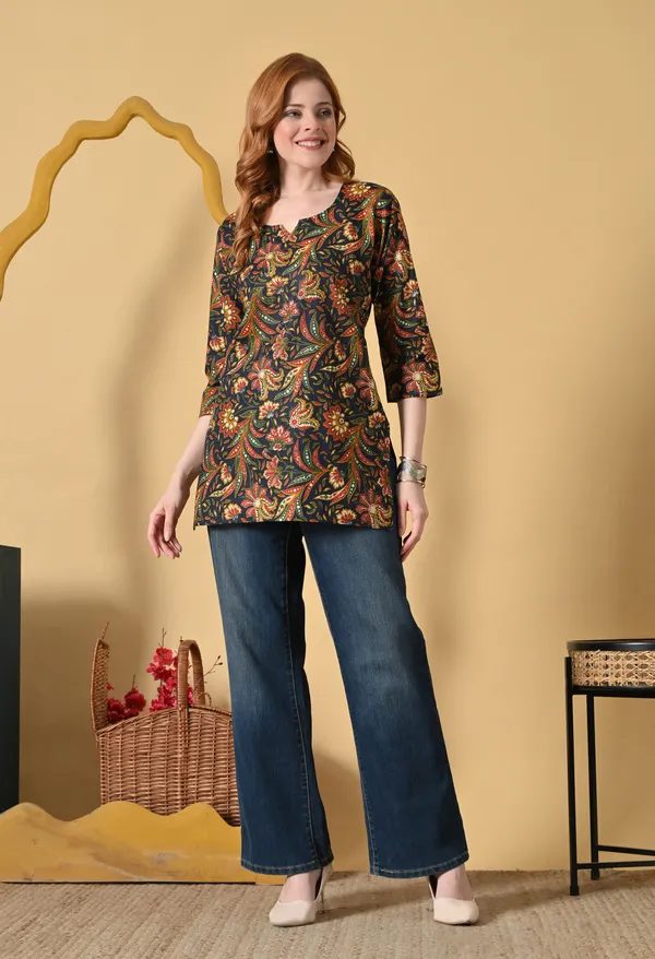Black_Viscose_Rayon_Straight_Floral_Paisley_Print_Short_Kurta_For_Women